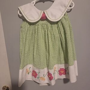 Rare Editions Green and White Gingham Dress with Floral Embroidery Size 2T